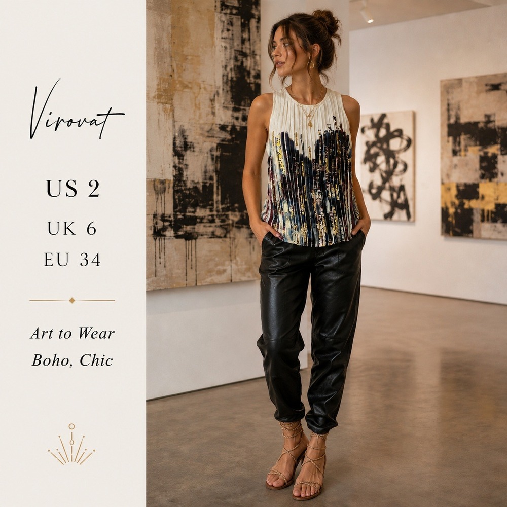 Floreat Tank Top Women 2 Cream Abstract Stripe Sequin Pleated Art To Wear Boho